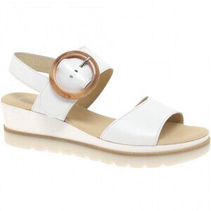 Gabor Size 5 Women's White Leather Yeo Wedge Mid Heel Sandals